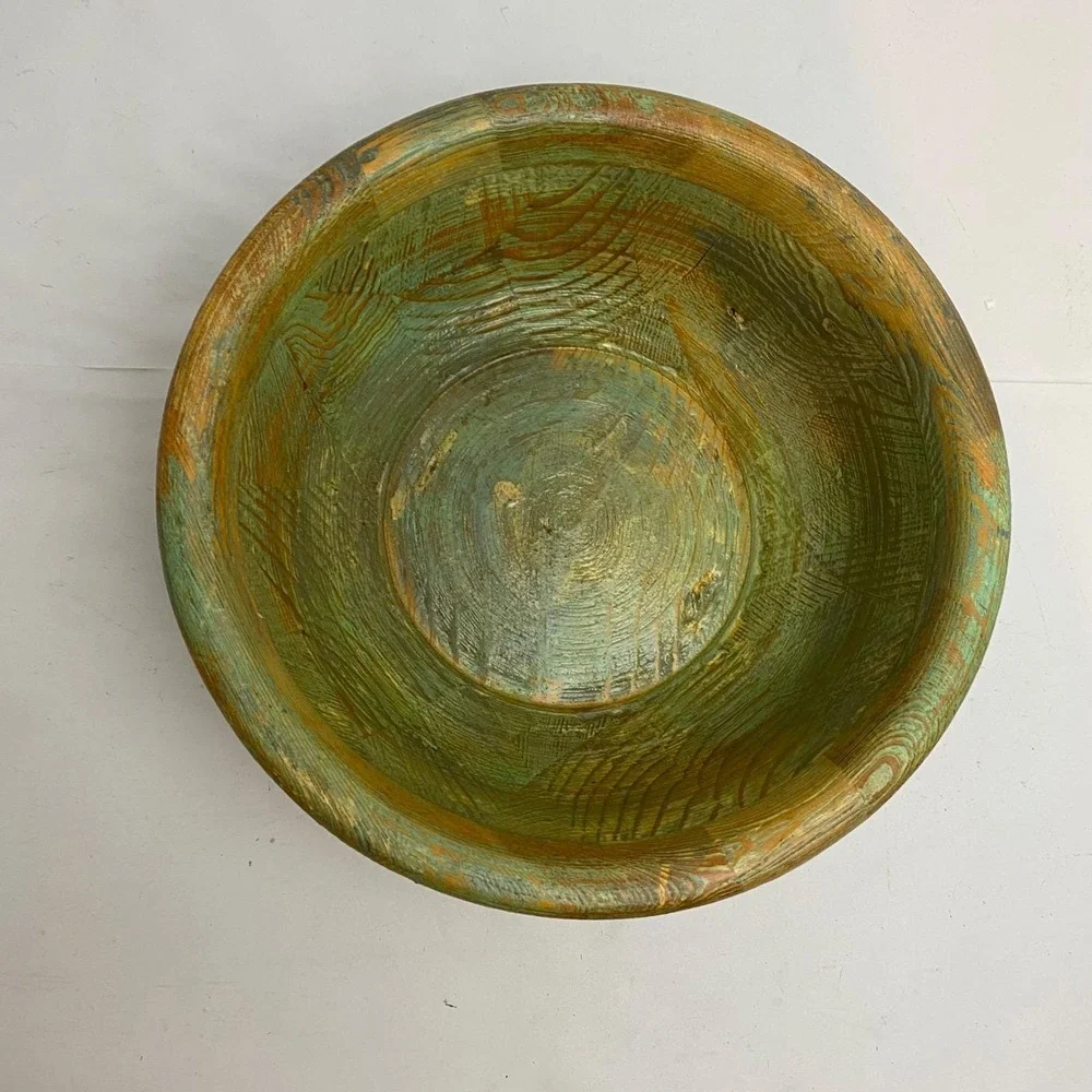Vintage Handcrafted Rustic‎ Wood Bowl Green Brown Distressed Farmhouse Boho